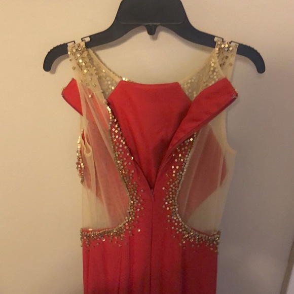 GLS Red With Gold Beads Long Prom Dress With Slit - Picture 11 of 14